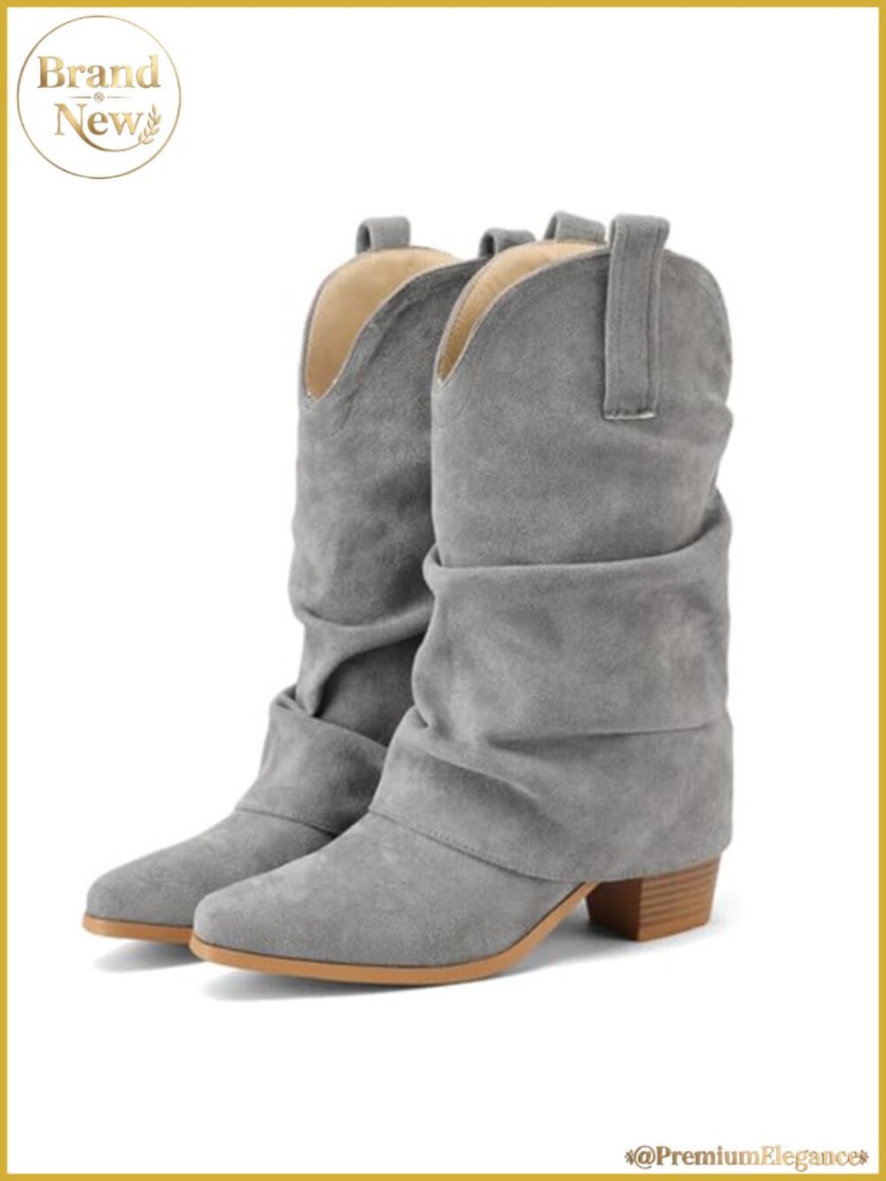 Fold Over Mid Calf Slouchy Faux Suede Chunky Heel Pointed Toe Boots